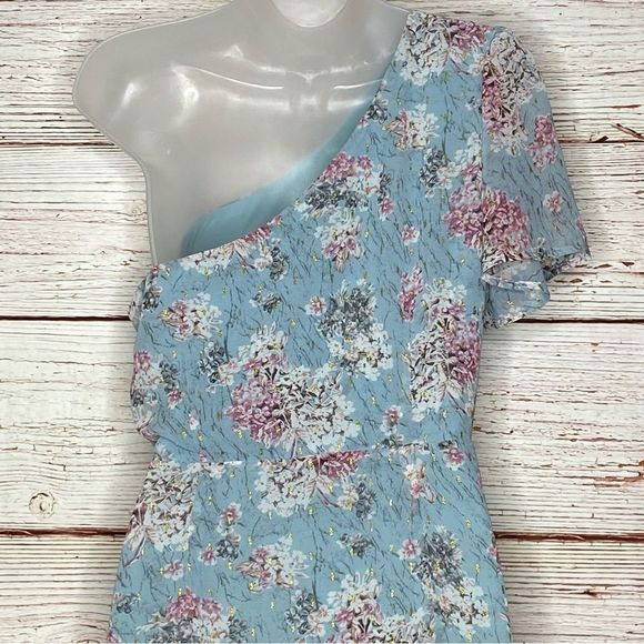 Lulus Way to Wow Dusty Blue Floral Print One Shoulder Faux-Wrap Dress Sz L - Picture 16 of 16